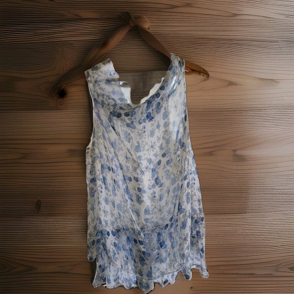 COSMO M Silk Chiffon Made Italy Blue Floral Cowl Neck Sleeveless Tiered Layers